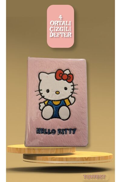 TOYFEST Yumuşak Tüy Kaplamalı 4 Ortalı Hello Kitty Temalı Çizgili Defter Günl...