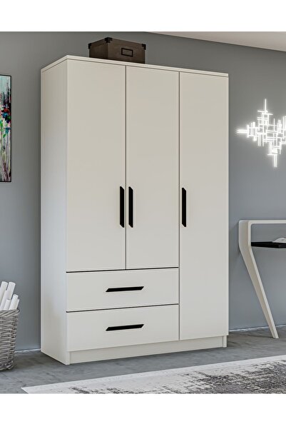 Metalia Gm 176 Modena 3 Kapı 2 Çekmeceli Siyah Kulplu Beyaz Gardrop