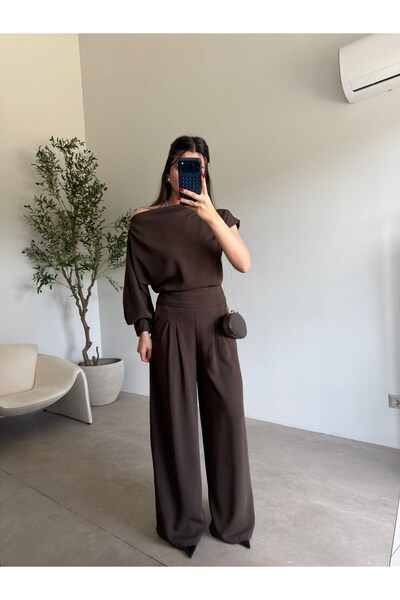 Bade Butik Coffee single sleeve pleated palazzo set