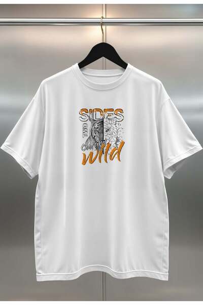 buzagi Organic Cotton Digital Printed Oversize White T-Shirt