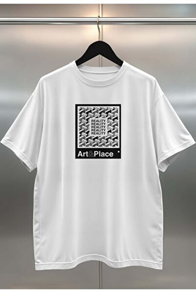 buzagi tasarım ürünleri Art and Place Digital Print Oversize White Unisex T-S...