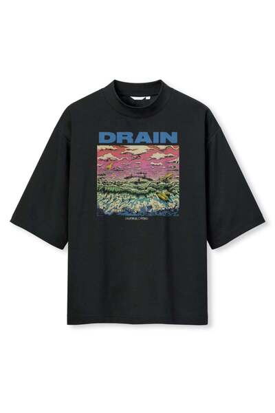 buzagi tasarım ürünleri Drain Digital Print Oversize Black Unisex T-Shirt