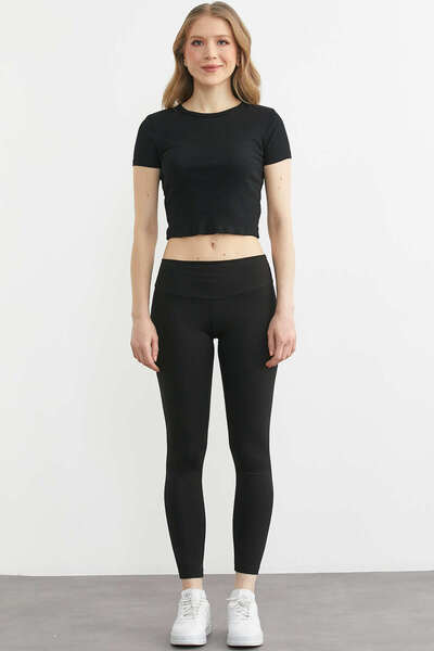 Sementa Mekane teksture Visok struk Oblikuje figuru Leggings - Crne