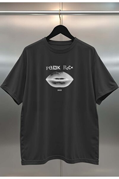 buzagi Punk Rock Digital Print Black and White Oversize Unisex T-Shirt