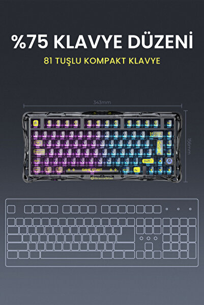 Gravastar Mercury K1 Lite RGB Kablosuz Mekanik Gaming Klavye, Türkçe Q, Transparent Black