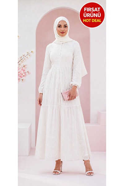 Muslima Wear فستان نسائي من بيرلا بيانكا مزين بالزهور وأزرار لؤلؤية
