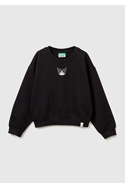 United Colors of Benetton Girl's Black Crew Neck Sweatshirt with Printed Fron...