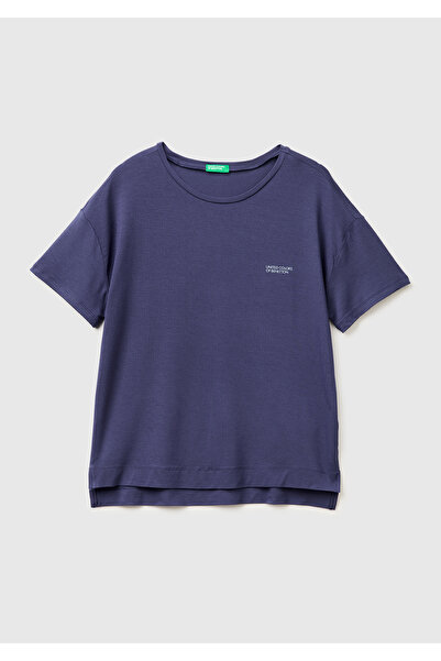 United Colors of Benetton Дамска тъмносиня тениска от модална смес с лого, къ...