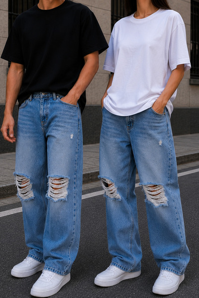 GRİİ WEAR Unisex Light Blue Ripped Detailed Baggy Jean Trousers