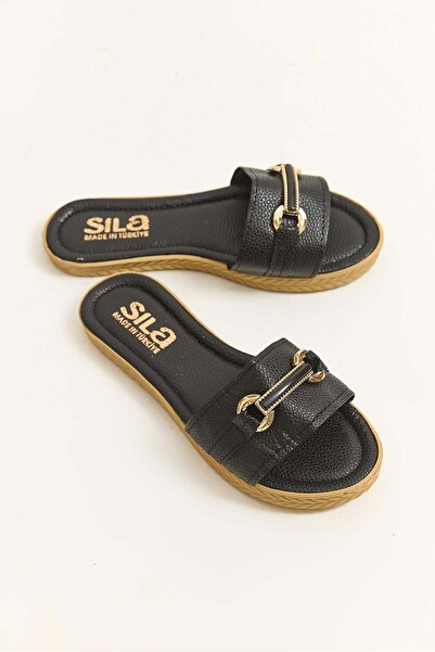 Raneel Kazançlı Alışveriş Women's black slippers with thick strap detail
