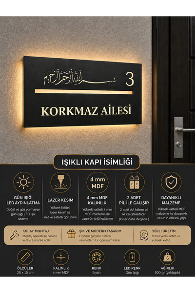 metora SİYAH renk 3 kademe LED'li BESMELE Kapı İsimliği – Kişiye Özel