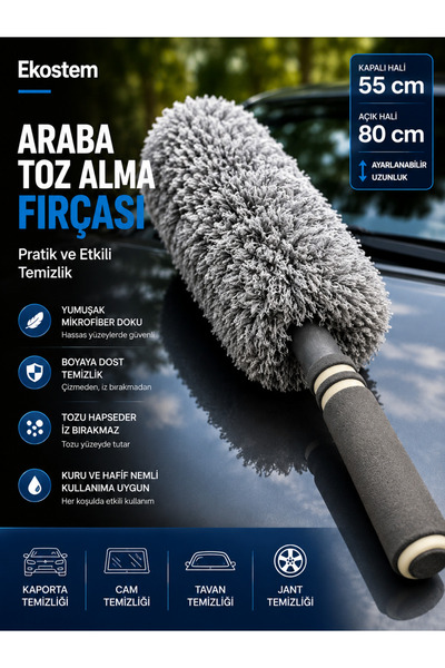 Ekostem Teleskopik Saplı Araba Temizleme Püskülü Mikrofiber Oto Toz Alma Fırçası