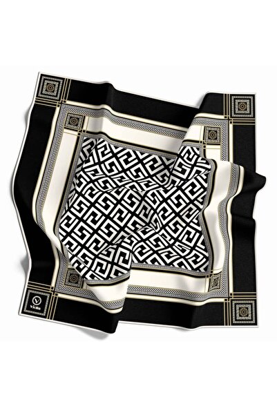 VİOLLA Twill Antik Desenli Siyah - Krem Renkli 90x90 Eşarp (İpek İçermez) Ken...