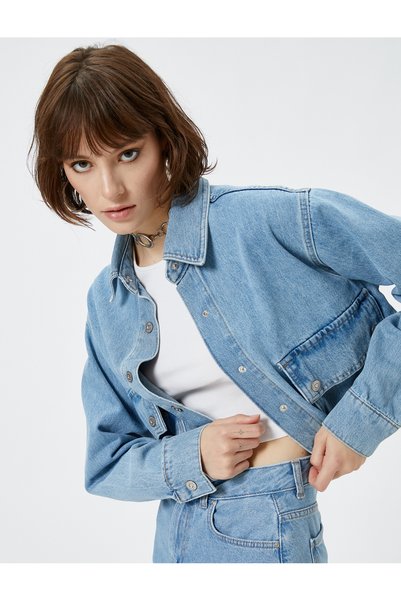 Koton Denim Jacket Short Appliqued Asymmetrical Pocket Detailed Cotton