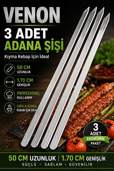 VENON 3 Adet || 1.70 Adana 50 Cm || Adana Kebap Şişi Adana Kıyma Yassı Şiş Me...