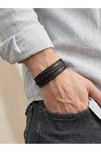 Parmas Design Multi Leather Men's Braided Detail Steel Lock Gift Bracelet 01840