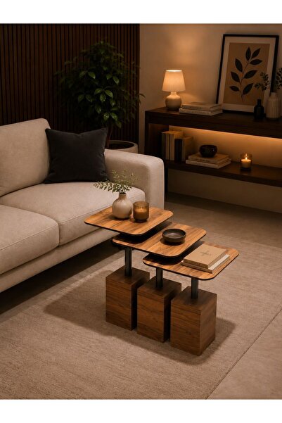 BUBBA HOME Modern Zigon Sehpa Trio Yan Sehpa Servis Sehpası Ceviz %100 MDF