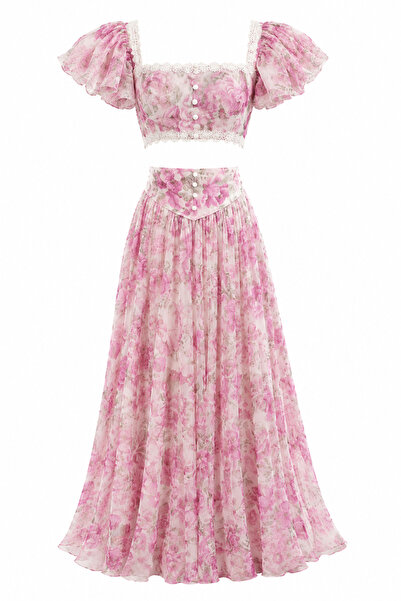 Julidress Set din șifon cu design premium, cu bluză scurtă cu mâneci cu dante...