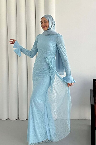 Modaensarbutik Elegance Dantel ve Volan Detaylı Tesettür Abiye-BEBE MAVİ
