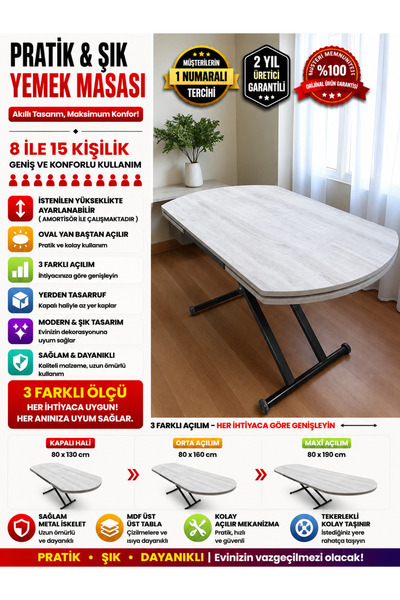 SEHPAM AKILLI Yan Baştan Açılır Yarı Oval Akıllı Yemek Masası Mdf Tabla Alt M...