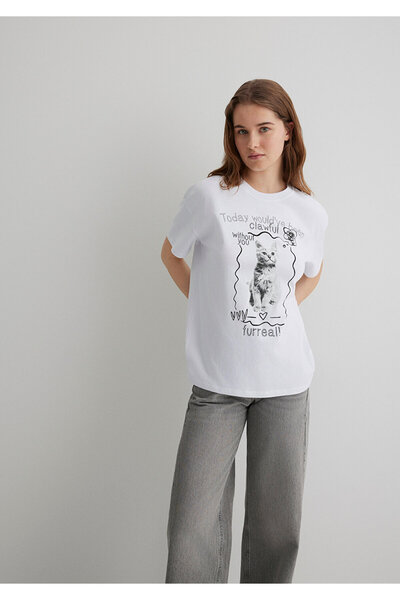 Mavi Kedi Baskılı Beyaz Tişört Loose Fit / Bol Rahat Kesim 1613095-620