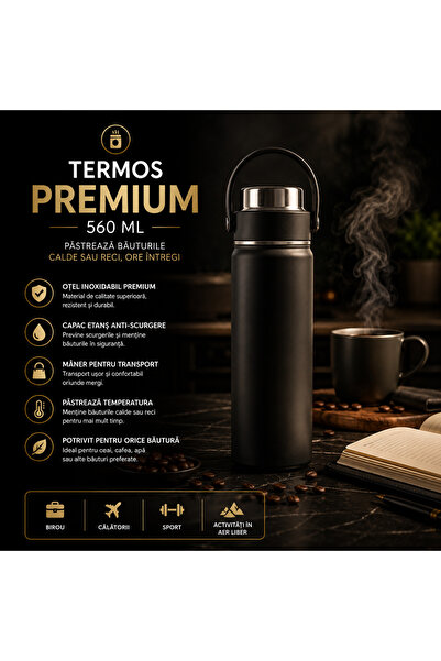 Extramall Termos 560 ml din oțel inoxidabil, cu mâner pentru transport, capac...