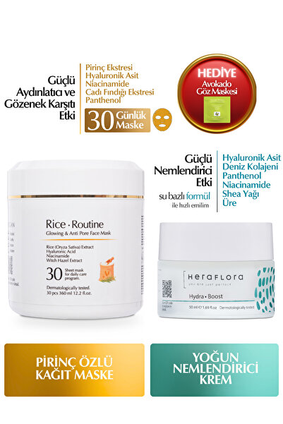 Heraflora Rice Routine Pirinç Maske 30'lu & Hydra Boost Yoğun Nemlendirici Kr...