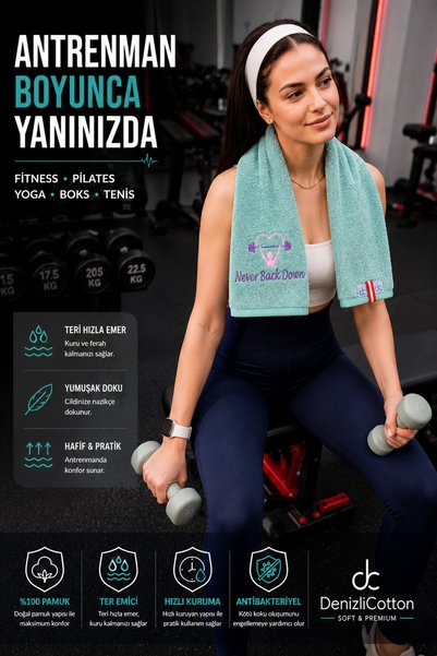 denizlicotton Mint Embroidered Sports Towel Cotton Sweat Absorbent Fitness Pilates Yoga Towel
