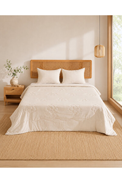 UYKUPEREST Bloomy Beige Quilted Bedspread Set Single 180X235 1 Piece Pillow M...
