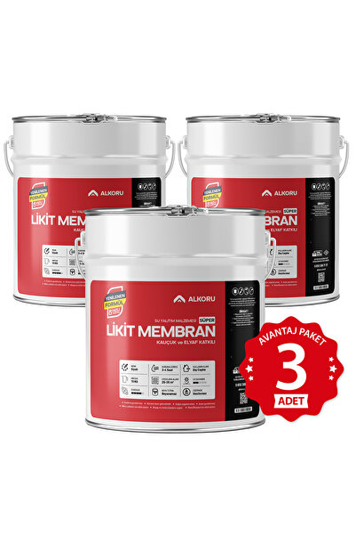 ALKORU 3 Adet 15 KG Süper Likit Membran Kauçuk ve Elyaf Katkılı Sıvı Su Yalıt...