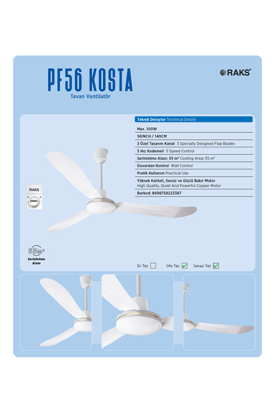 Raks 3 Kanatlı Beyaz 140cm 90w Tavan Vantilatörü Pf56-kosta