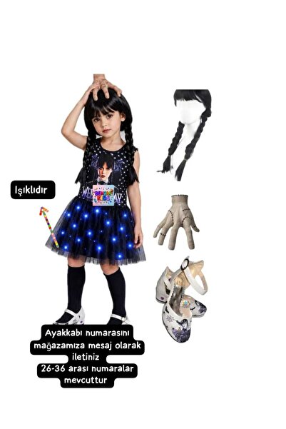 bemora kids wednesdayyy ışıklı penye kostüm elbise wednesday peruk wednesday ...
