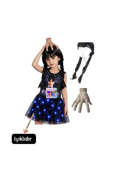 bemora kids wednesdayyy ışıklı penye kostüm elbise wednesday peruk wednesday ...