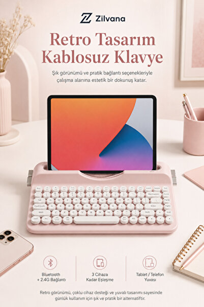 Zilvana Ravelia Retro Kablosuz Klavye Bluetooth + 2.4G Çoklu Cihaz Yuvalı Pembe