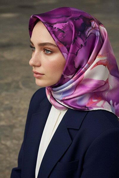 Vissona %100 Twill İpek Batik Çiçek Desenli Mürdüm - İndigol Renkli 90x90 Eşa...