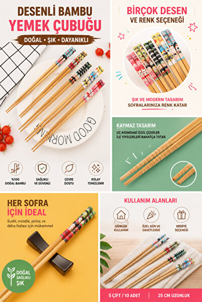 KBR HOME Bambu Chopstick 10 Lu Desenli Yıkanabilir Çin Suşi Ramen Noodle Yeme...