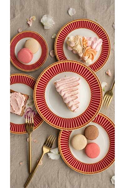 Porcelland Lune Kırmızı, Pembe ve Gold Detaylı 21 cm Pasta Tabağı | 4’lü Pors...