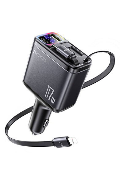 Yesido 1x USB-A + 1x USB-C cu afișaj LED cabluri retractabile 117W Negru