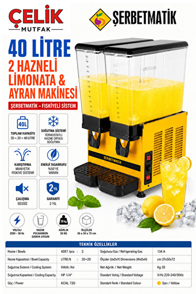 şerbetmatik Limonata Şerbet Makinesi 40 L (20+20) Çift Hazne Fıskiyeli Soğutu...