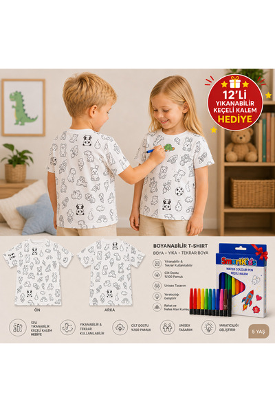 Parti Selesi Boyanabilir Çocuk Tişörtü Unisex 12'li Smart Keçeli Kalem Hediye...