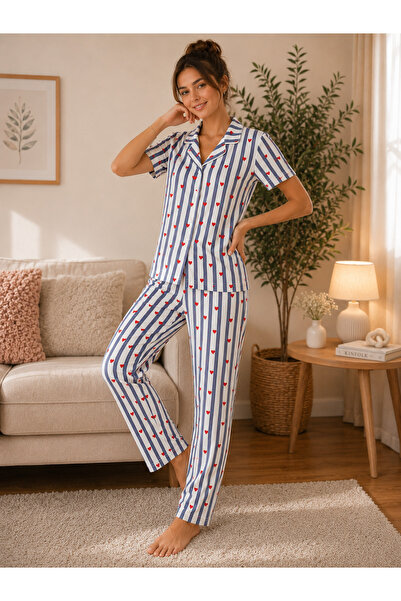 Manolya Kadın Çizgili Kalp Desenli Pijama Takımı Düğmeli Uzun Paça Ev Giyim