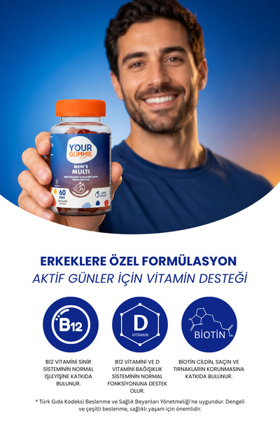Y'our Gummie Men's Multi Erkek Multivitamin ve Mineral Takviyesi 60 Adet Çiğnenebilir Jel Form Şeftali Aromalı