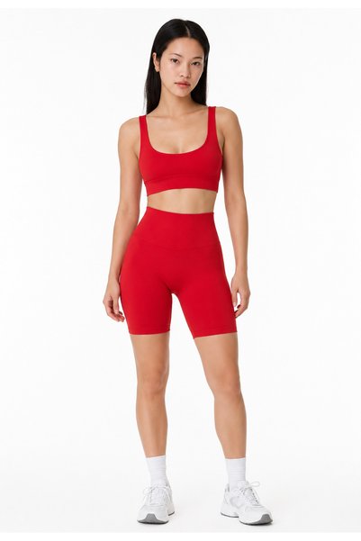 REAL DREAM Women's Seamless Push up Sports Shorts with Gathering Effect High Waist - Red