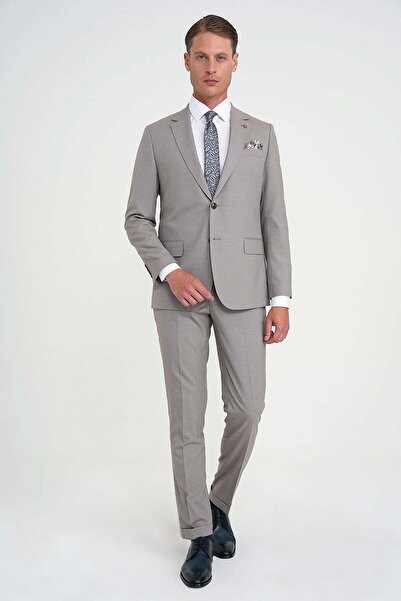 Efor Slim Fit Çift Yırtmaç Esnek Yelekli Klasik Bej Takım Elbise Tk 916