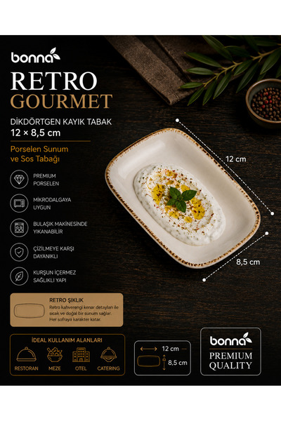 Bonnami Bonna Retro Gourmet Dikdörtgen Kayık Tabak 12x8.5 cm - Porselen Sunum...