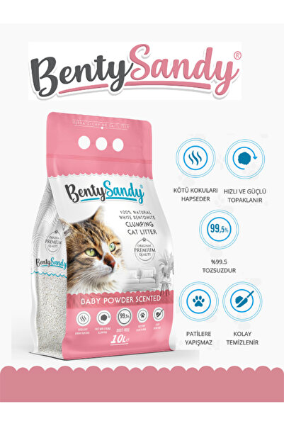 BentySandy Bebek Pudrası Kokulu Topaklanan Ince Taneli Kedi Kumu 10 Lt
