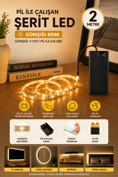 Beyaz Pırıltı Günışığı Renk Pil Ile Çalışan Şerit Led 2 Metre Pilli Şerit Led...