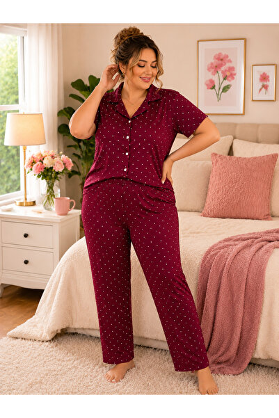 SERPİL Büyük Beden Kadın Bordo Puantiyeli Kısa Kollu Uzun Paça Pijama Takımı ...