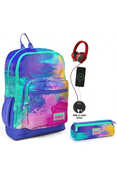 Coral High Renkli Airbrush USB Soketli Okul Çantası ve Kalemlik Seti - Kız Çocuk
