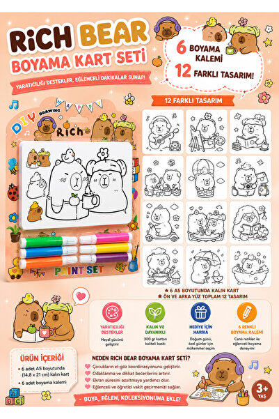 Pembe Yayınevi Capybara Boyama Seti - Çocuklar İçin Boyama Kartları